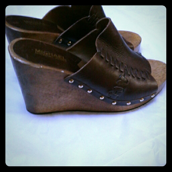 Michael Kors Shoes - Michael Kors Brown Leather Wooden Clogs Mules 8 M